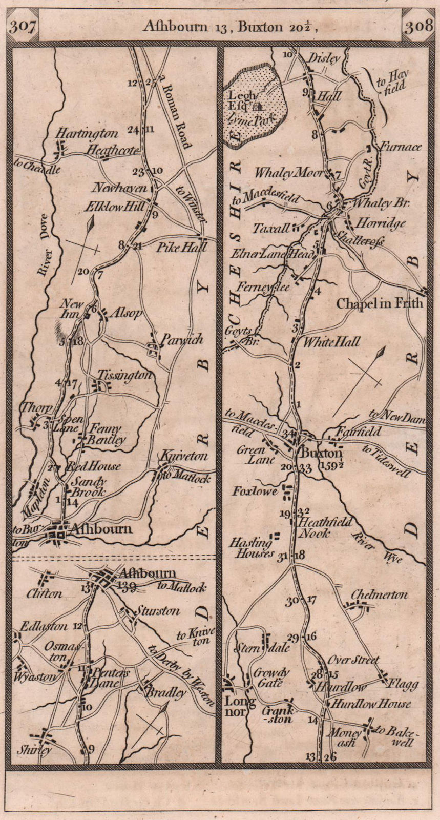 Associate Product Ashbourne-Alsop-le-Dale-Buxton-Whaley Bridge road strip map PATERSON 1803