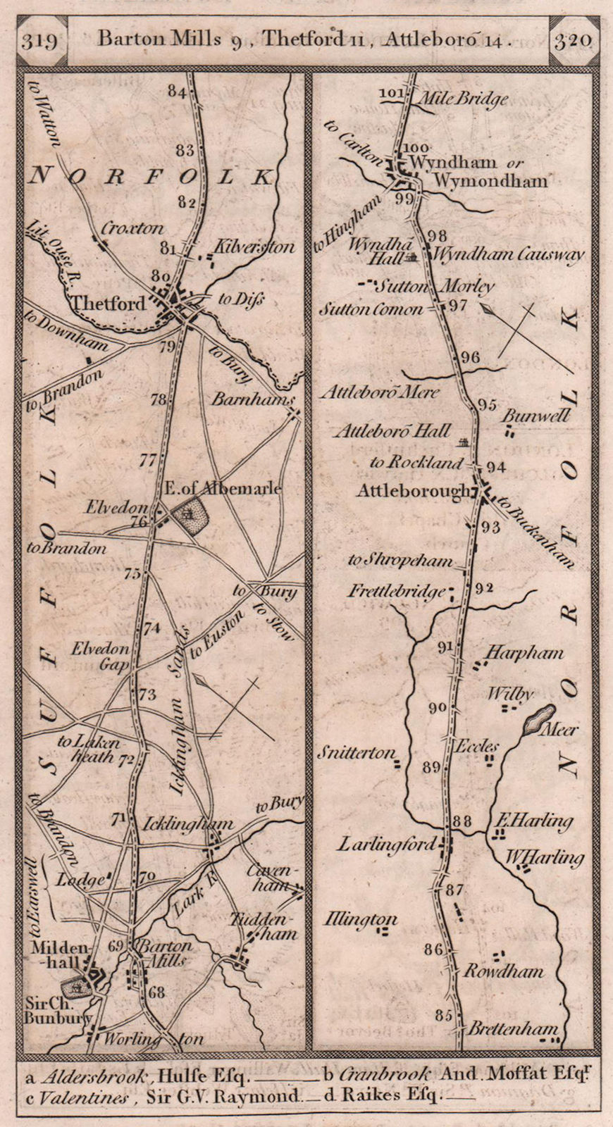Associate Product Mildenhall-Thetford-Attleborough-Wymondham road strip map PATERSON 1803