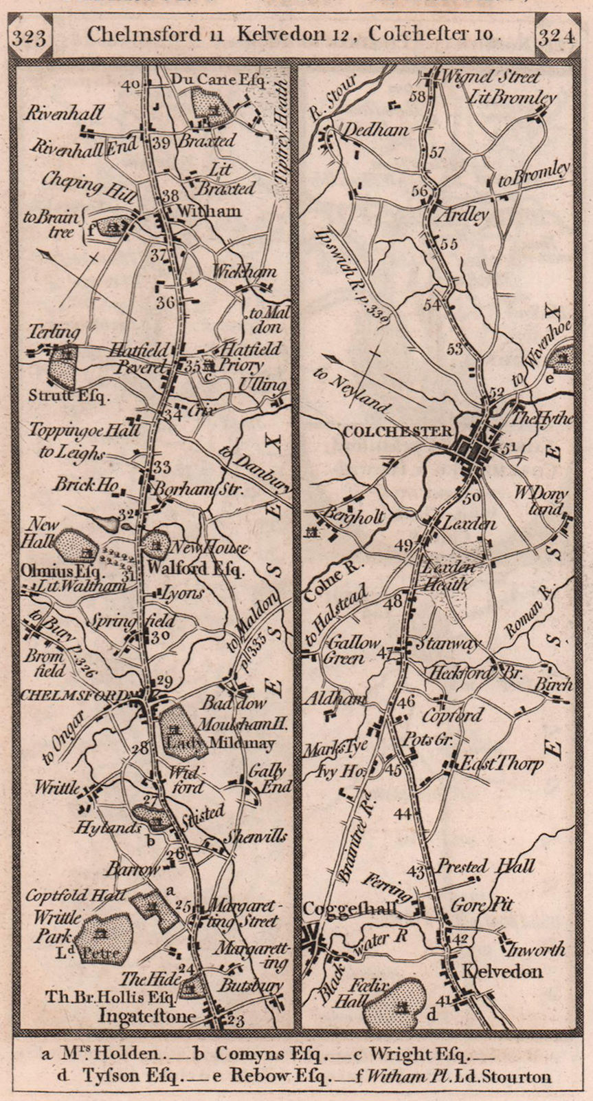 Ingatestone-Chelmsford-Colchester-Ardleigh road strip map PATERSON 1803