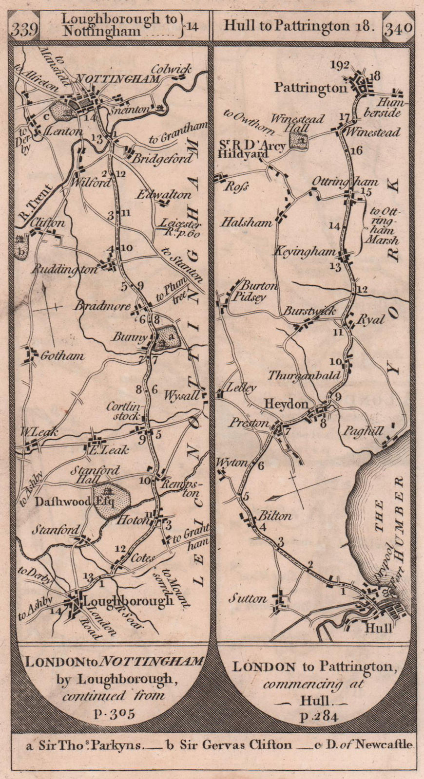 Loughborough-Nottingham. Hull-Patrington road strip map PATERSON 1803 old