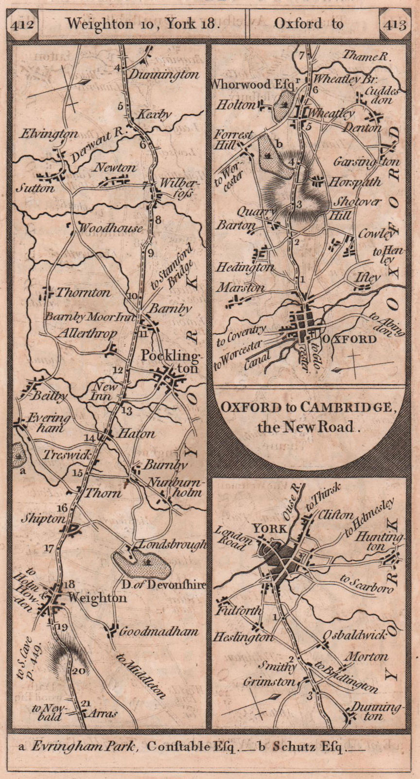 Mkt Weighton-Pocklington-York. Oxford-Wheatley road strip map PATERSON 1803