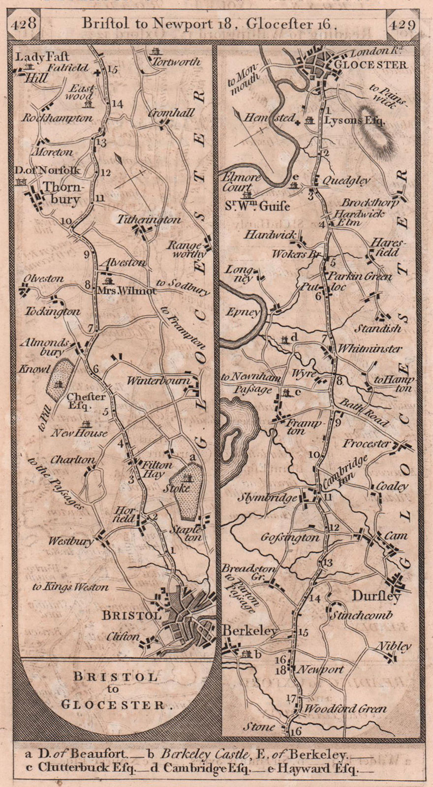 Bristol-Dursley-Whitminster-Gloucester road strip map PATERSON 1803 old