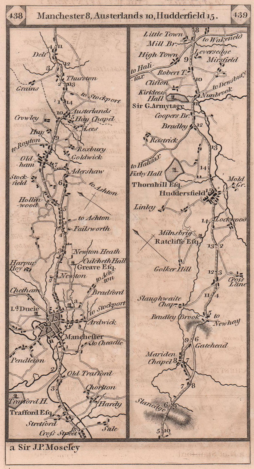 Stretford - Manchester - Oldham - Huddersfield road strip map PATERSON 1803