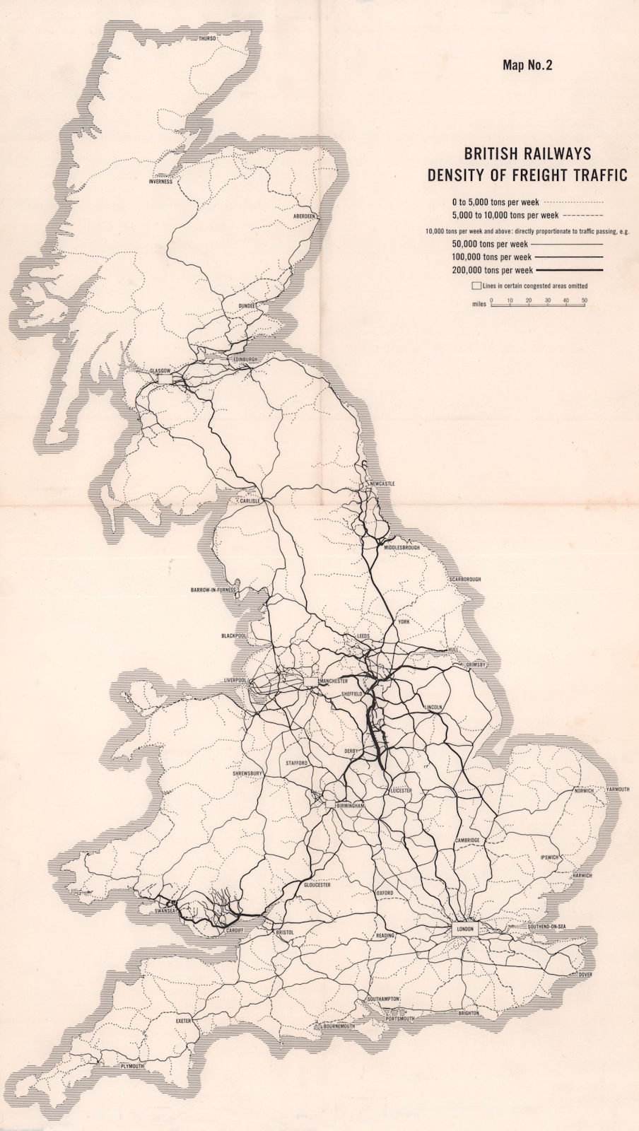British Railways density of freight traffic. BEECHING REPORT 1963 old map
