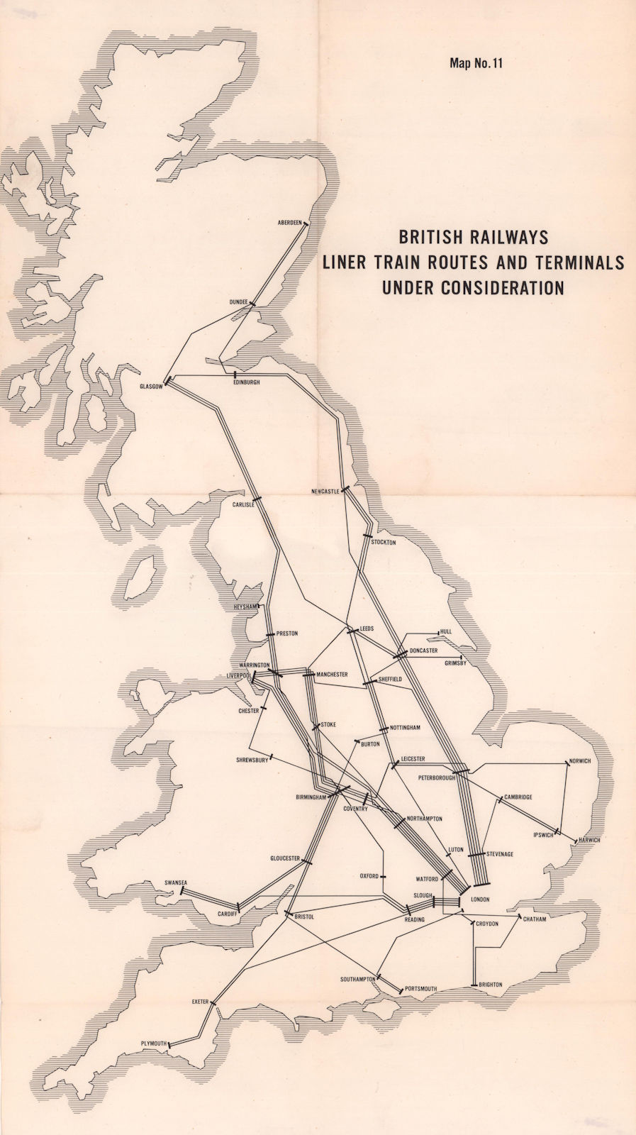 British Railways Liner train routes Possible terminals. BEECHING REPORT 1963 map