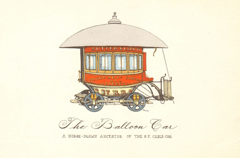 San Francisco cable car. The Balloon car - horse drawn 1950 old vintage print