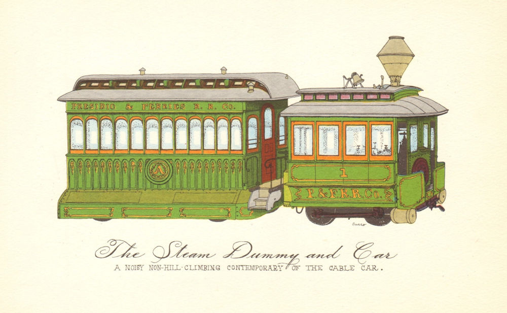 San Francisco cable car. The Steam dummy and car 1950 old vintage print