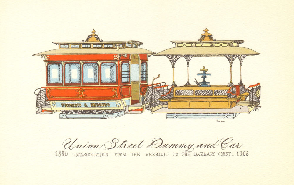 San Francisco cable car. Union Street dummy and car 1880-1906. 1950 old print