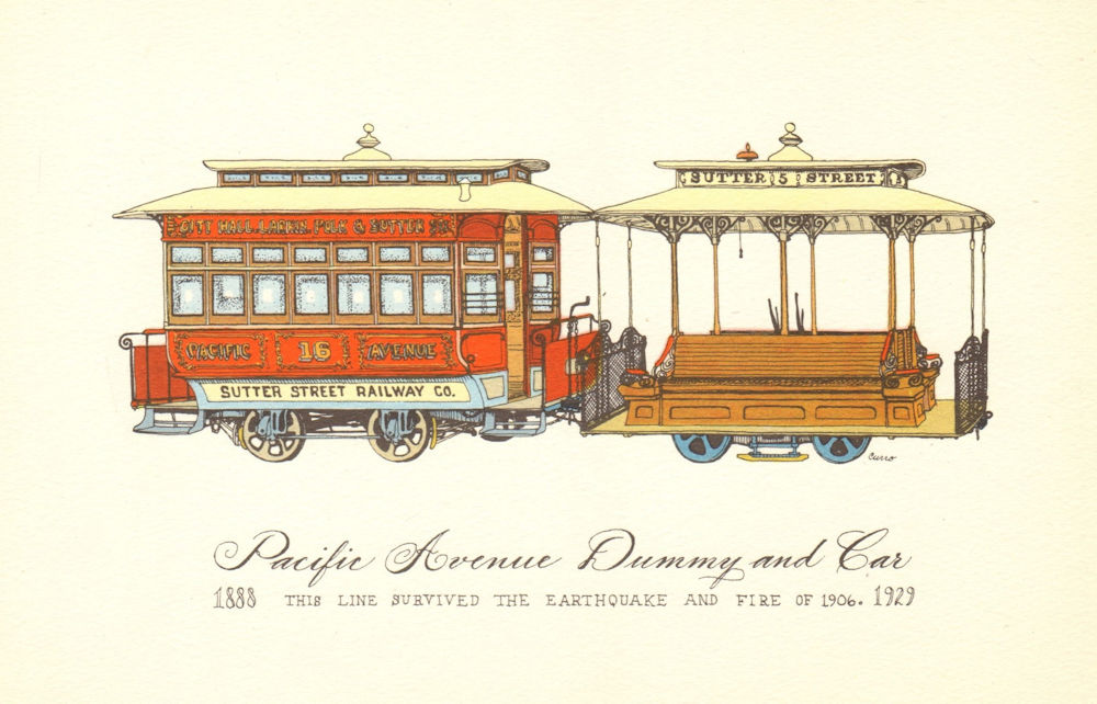 San Francisco cable car. Pacific Avenue dummy and car 1888-1929. 1950 print