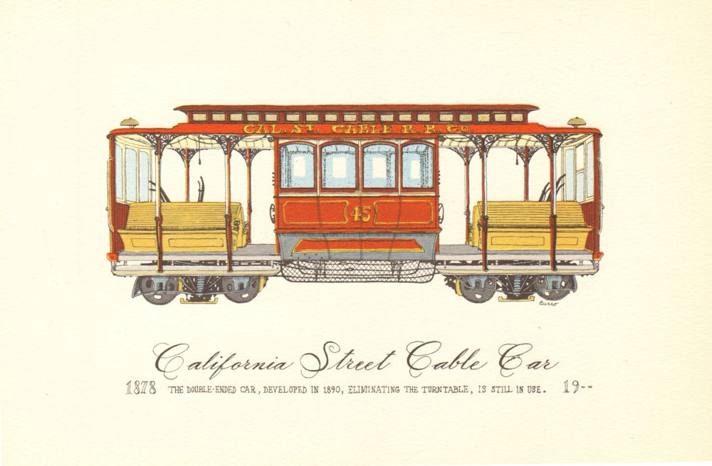 San Francisco cable car. California street cable car 1878>. 1950 old print