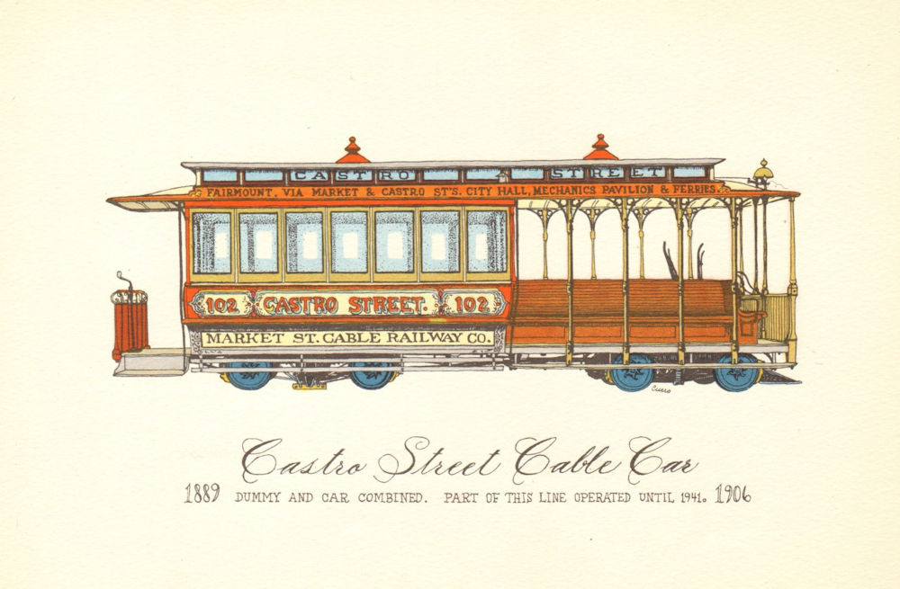 San Francisco cable car. Castro Street cable car 1889-1906. 1950 old print