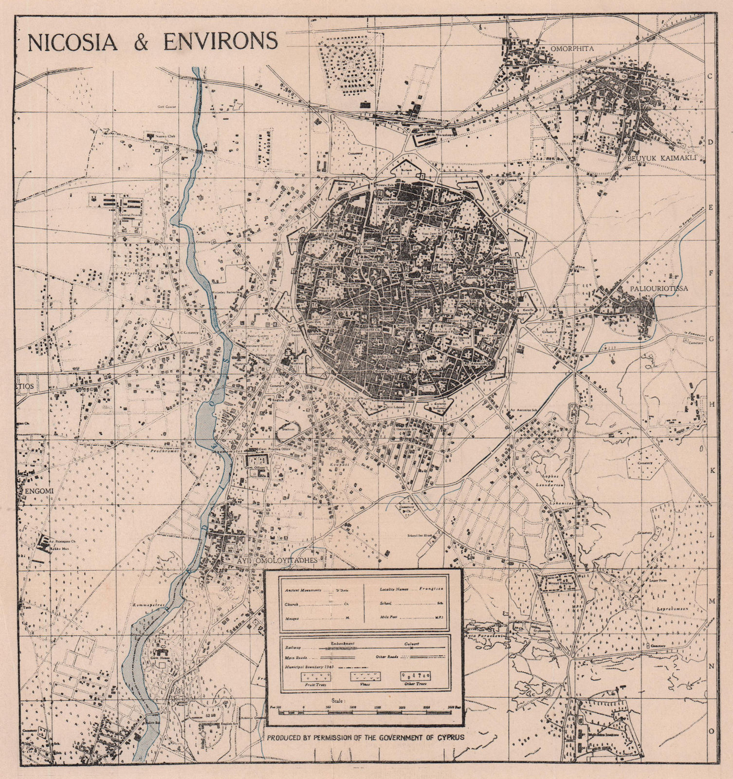Nicosia & environs vintage town / city plan. Cyprus 1946 old vintage map chart