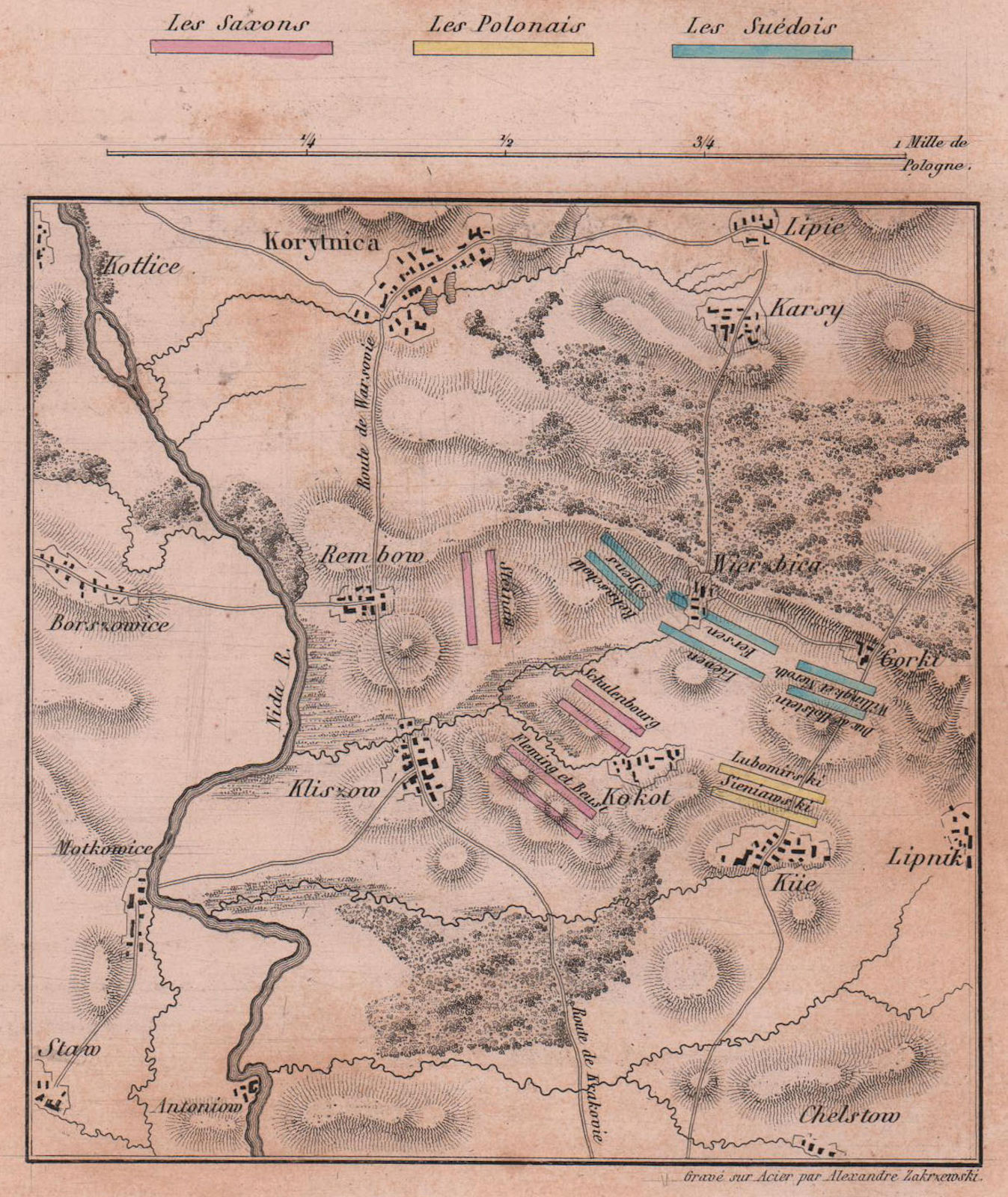 Plan of the Battle of Kliszow, 1702. Great Northern War 1839 old antique map