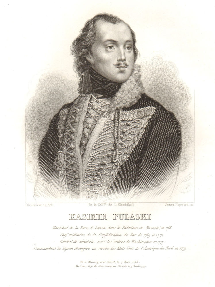 Kazimierz Pulaski. Casimir. Bar Confederation 1839 old antique print picture