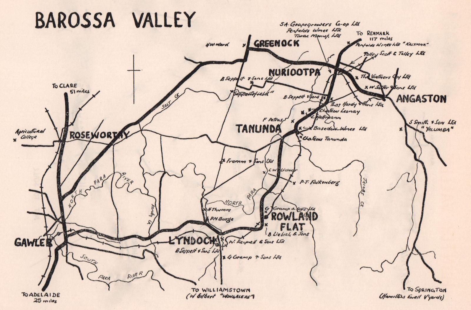 Associate Product Barossa Valley wine region sketch map. South Australia wineries 1955 old