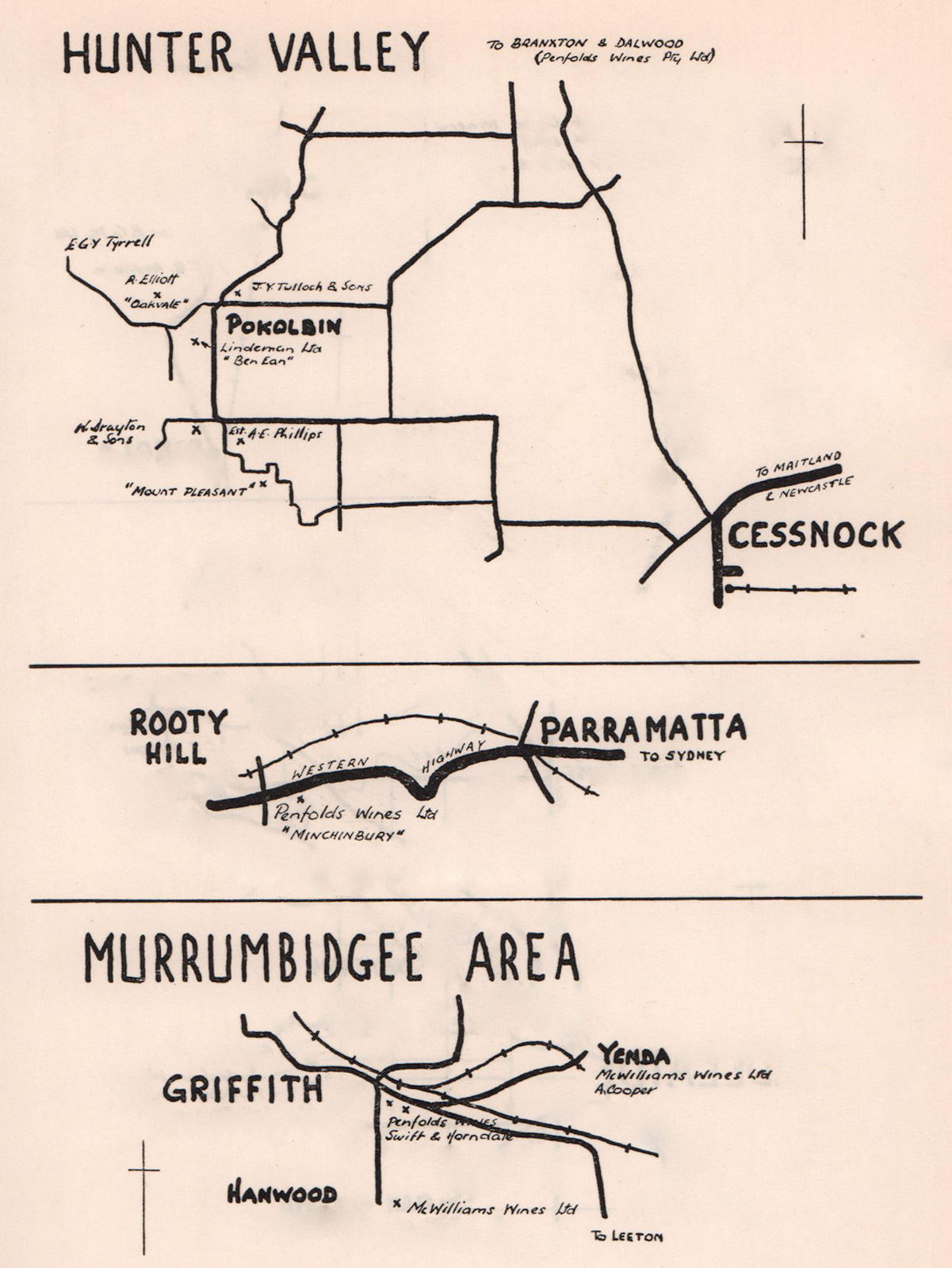 Associate Product Hunter Valley wine region sketch map. New South Wales wineries. Griffith 1955