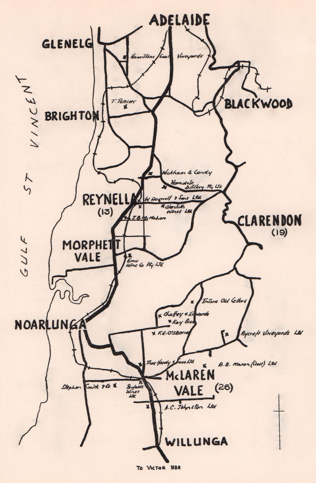 McLaren Vale wine region sketch map. South Australia wineries. Adelaide 1955
