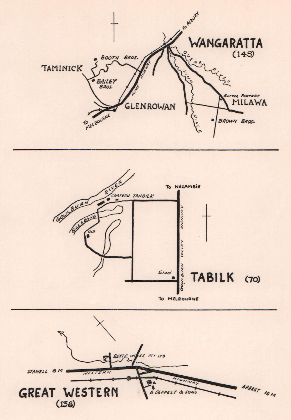 Associate Product Victoria Australia wineries sketch map. Wangaratta Tabilk Great Western 1955