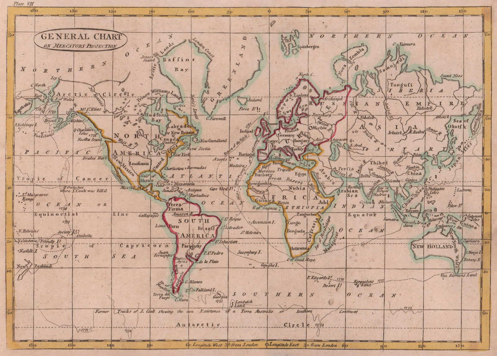 General Chart on Mercators Projection. World. Cook's route. PAYNE 1798 old map