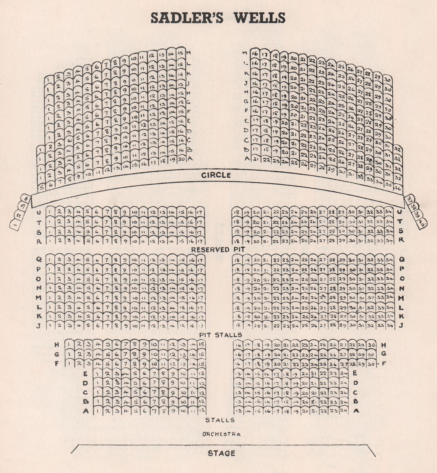 SADLERS WELLS THEATRE vintage seating plan. London West End 1937 old print
