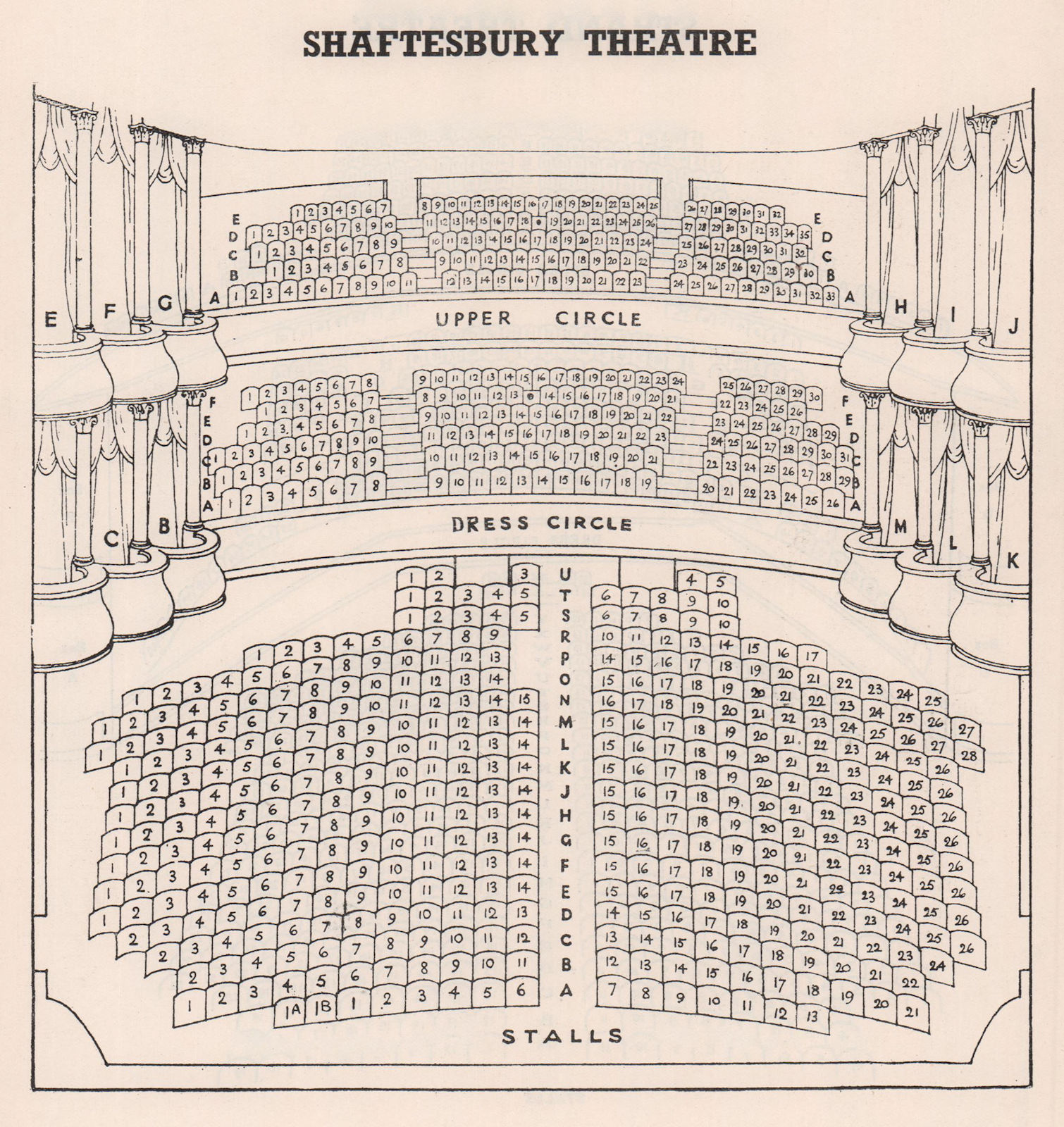 SHAFTESBURY THEATRE vintage seating plan. London West End 1937 old print