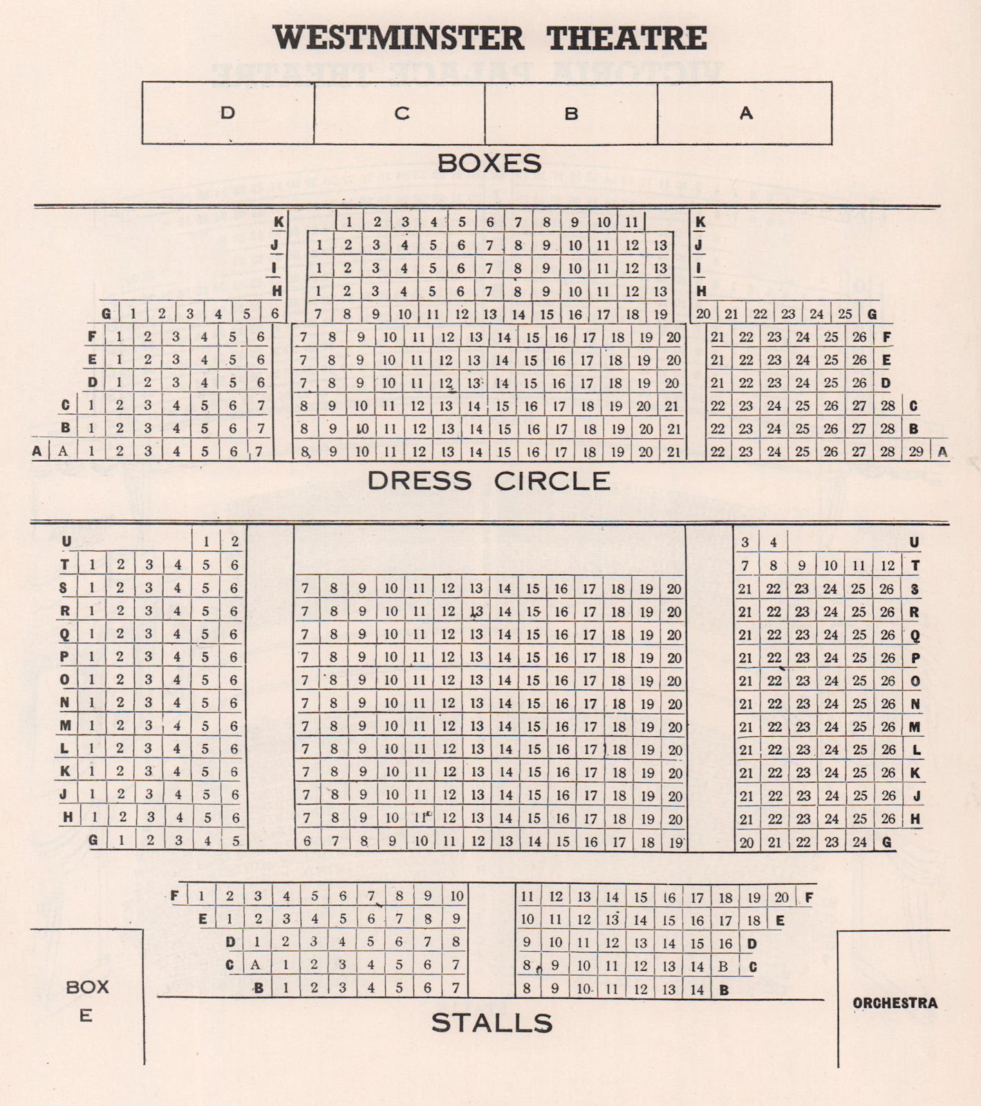 WESTMINSTER THEATRE vintage seating plan. London. Palace Street 1937 old print