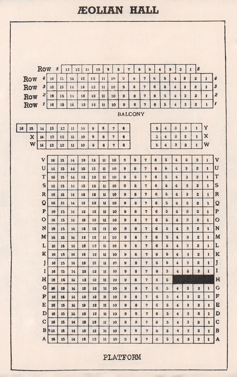 AEOLIAN HALL vintage seating plan. London. Concert Hall. New Bond Street 1937