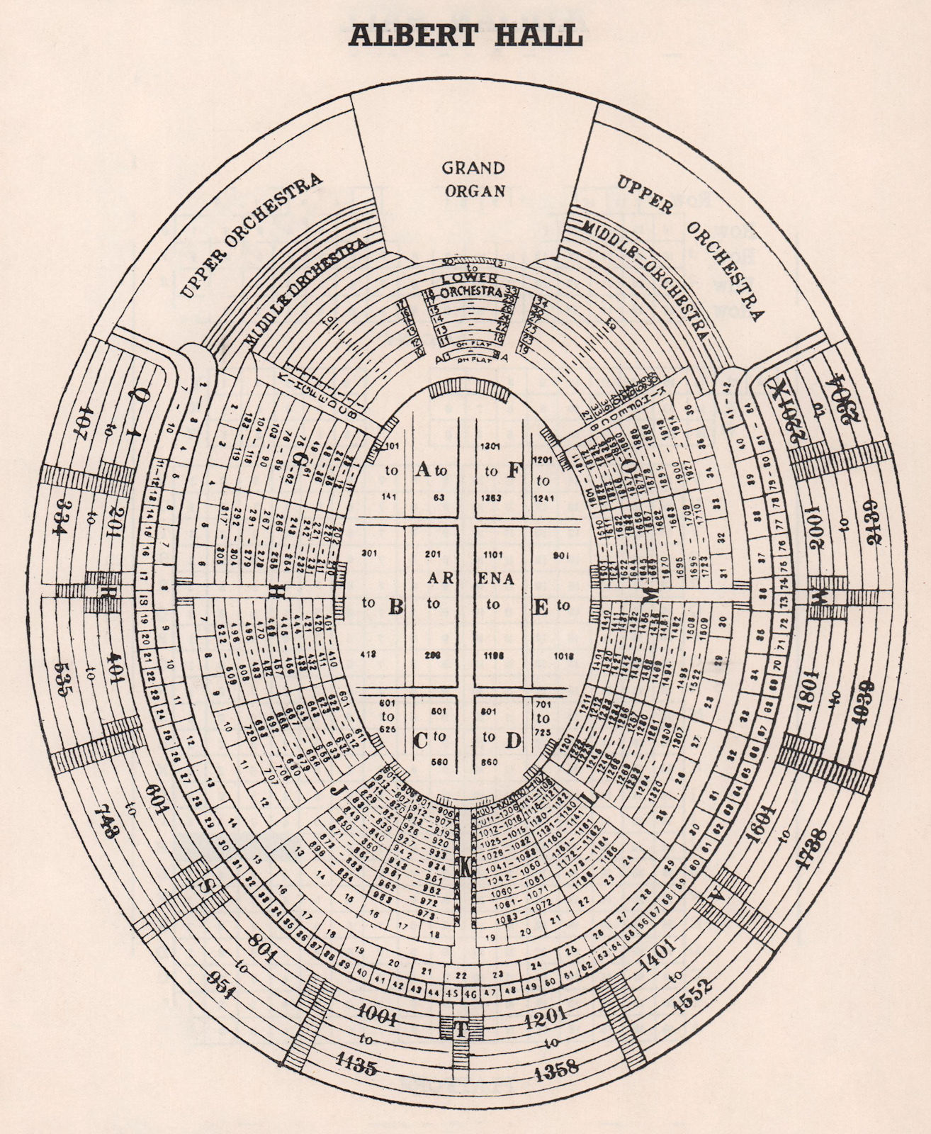 ROYAL ALBERT HALL vintage seating plan. London. Concert Hall 1937 old print