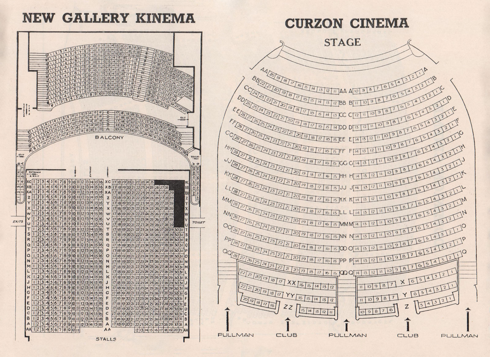 NEW GALLERY KINEMA Regent St. CURZON CINEMA Mayfair vintage seating plans 1937