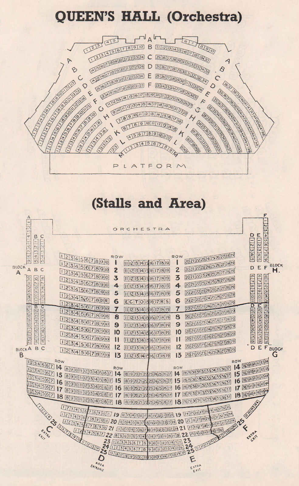 QUEEN'S HALL. Seating plan. Orchestra stalls. Concert Hall. Langham Place 1937