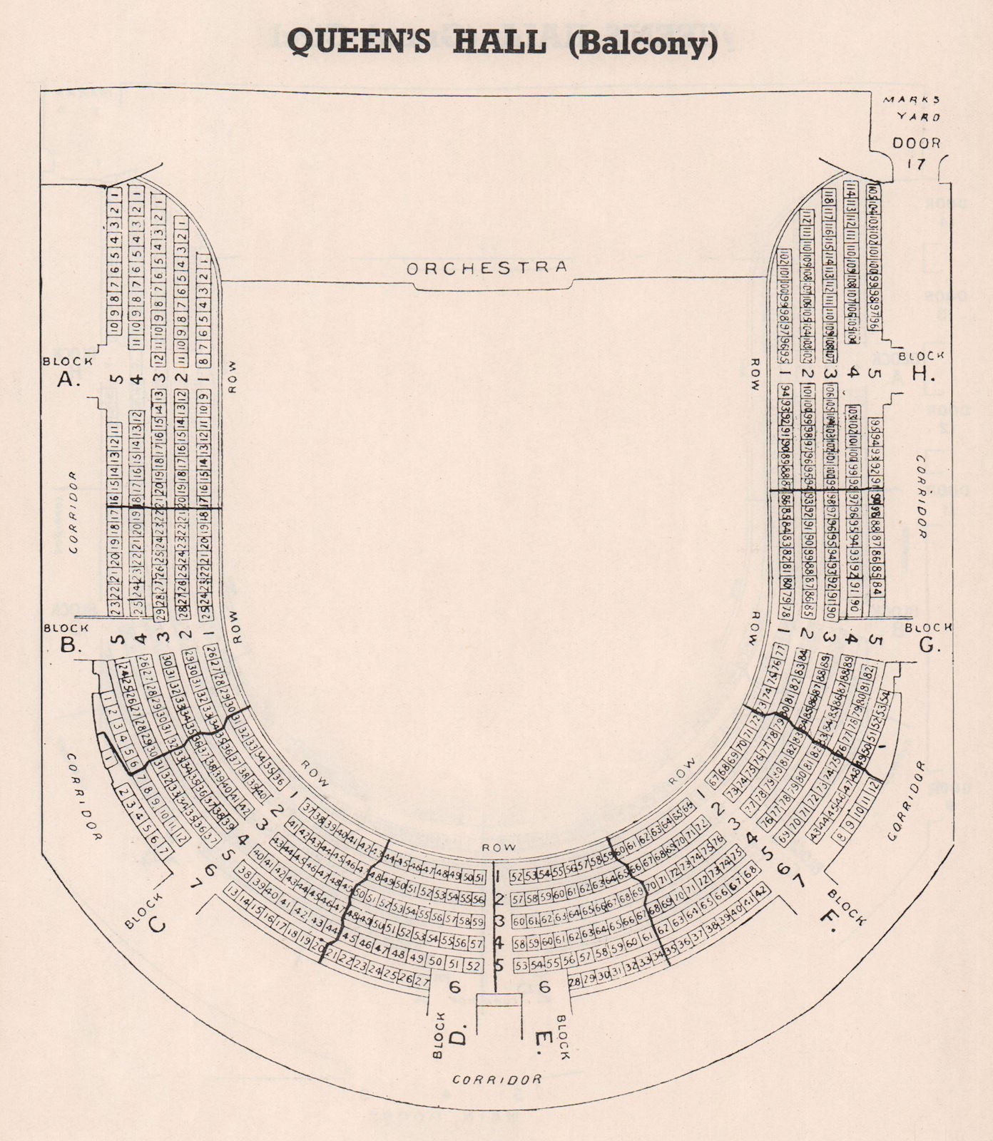 QUEEN'S HALL. Seating plan. Balcony. Concert Hall. Langham Place 1937 print