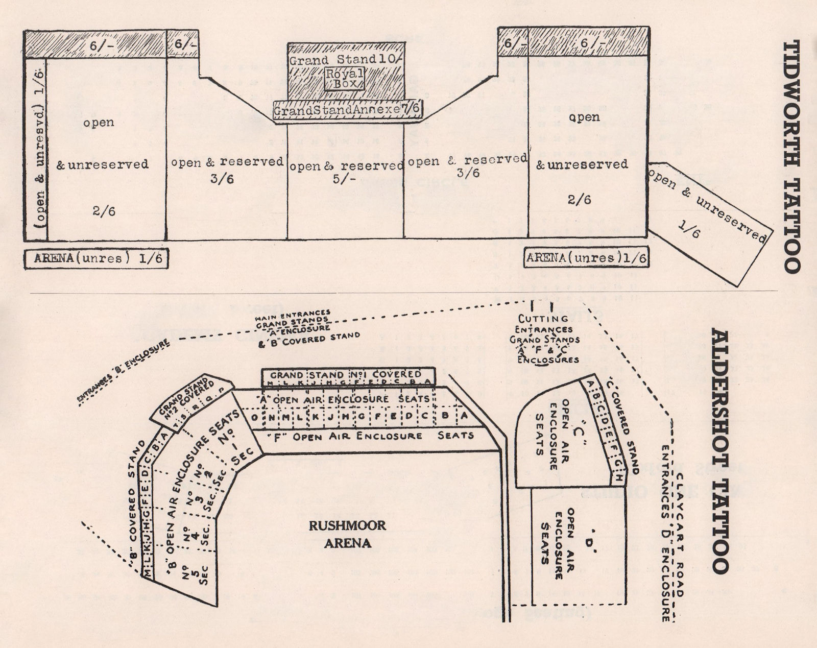 Associate Product ALDERSHOT & TIDWORTH MILITARY TATTOOS vintage seating plan. Hants/Wilts 1937