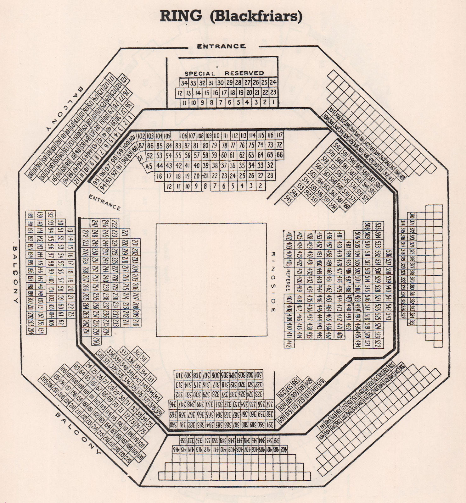BLACKFRIARS RING BOXING ARENA vintage seating plan. Bombed 1940. London 1937