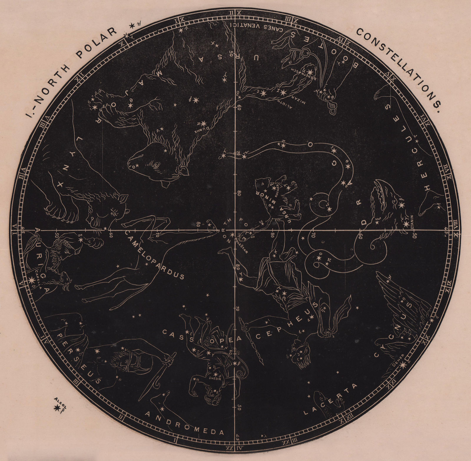 Star chart. North Polar Constellations. North Pole to 45°N. Astrology 1875 map