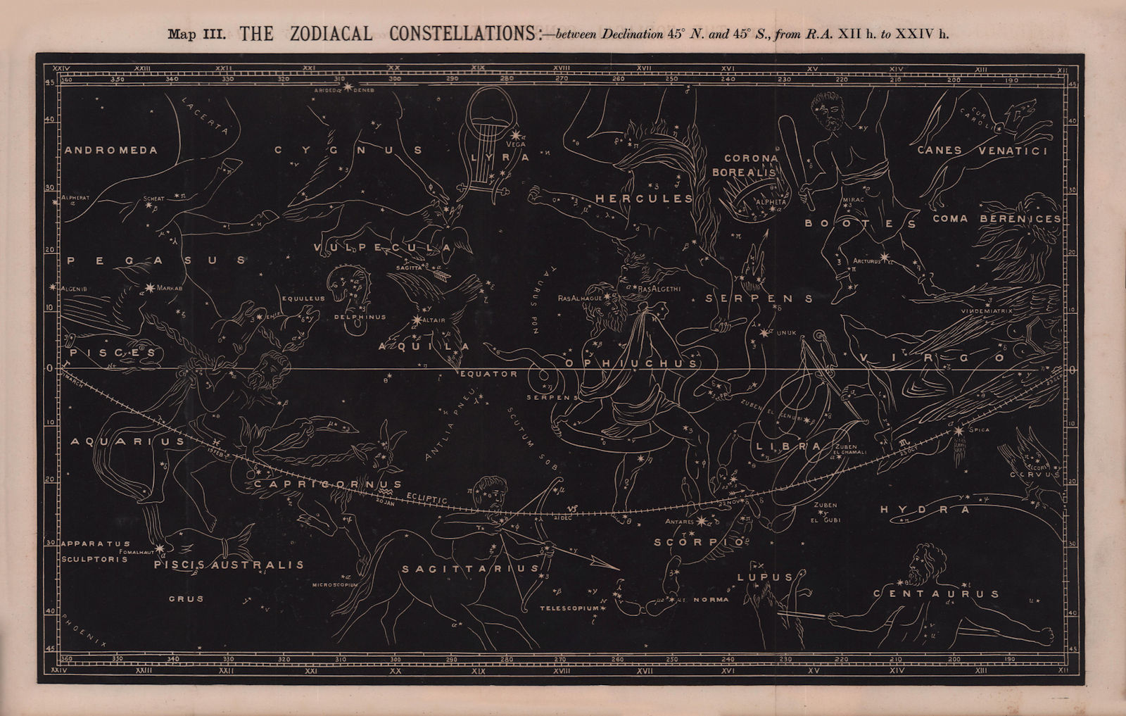 Star chart. Zodiacal Constellations 45°N & 45°S 12-24H. Astrology 1875 old map