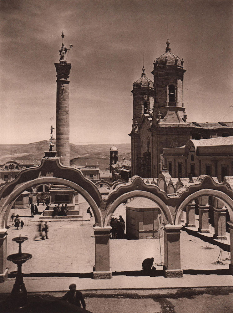 Plaza 6 de Agosto, the central square of Potosi. Bolivia 1928 old print