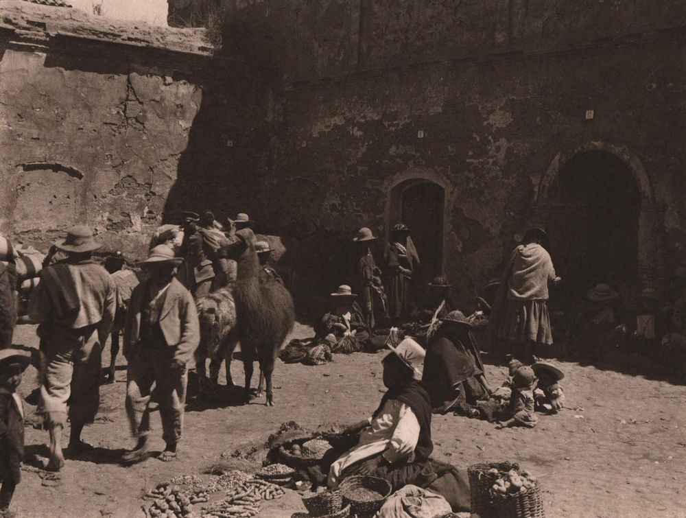 Quechua/Khechua Indians on the market at Potosi (1). Bolivia 1928 old print