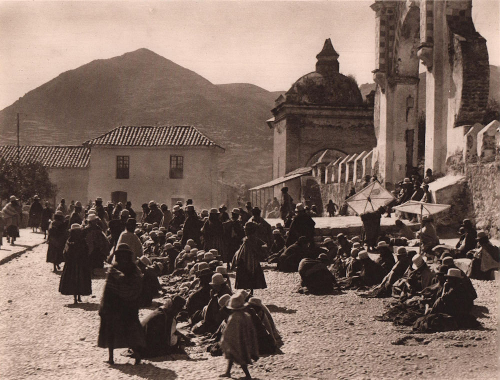 Sunday market at the Pilgrimage Church at Copacabana. Bolivia 1928 old print