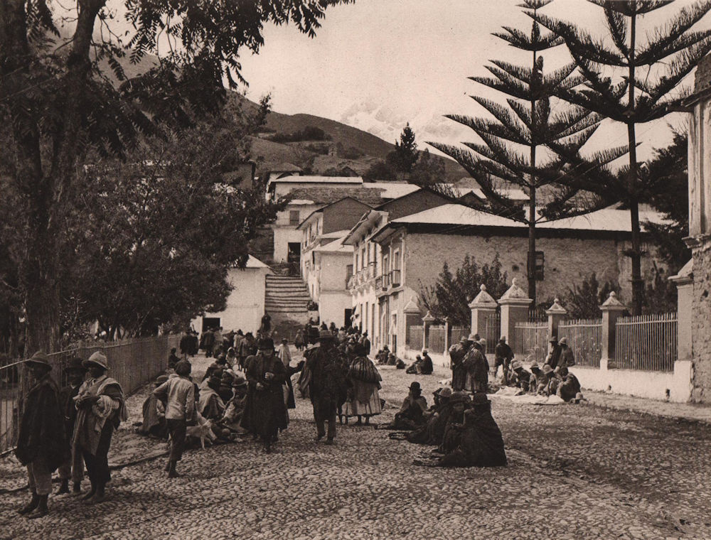 The Plaza of Sorata. Sunday market: trading Indians. Bolivia 1928 old print