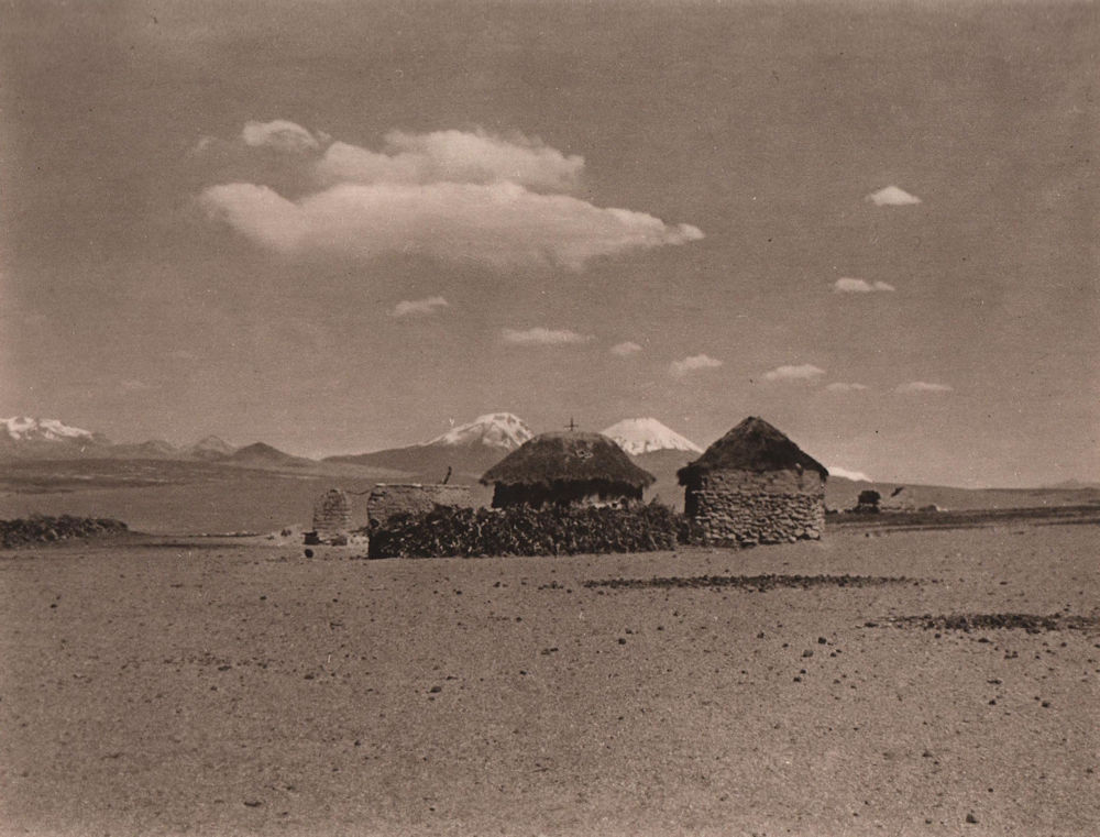 Charaña desert, Arica-La Paz Railroad. Payachata twin-volcano. Bolivia 1928