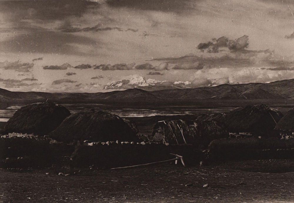 Evening on the shores of the Lake Titicaca. Aymara plough. Bolivia 1928 print