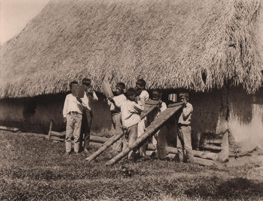 Child music band, Cavinas missionary station, Beni. Pan-flutes. Bolivia 1928