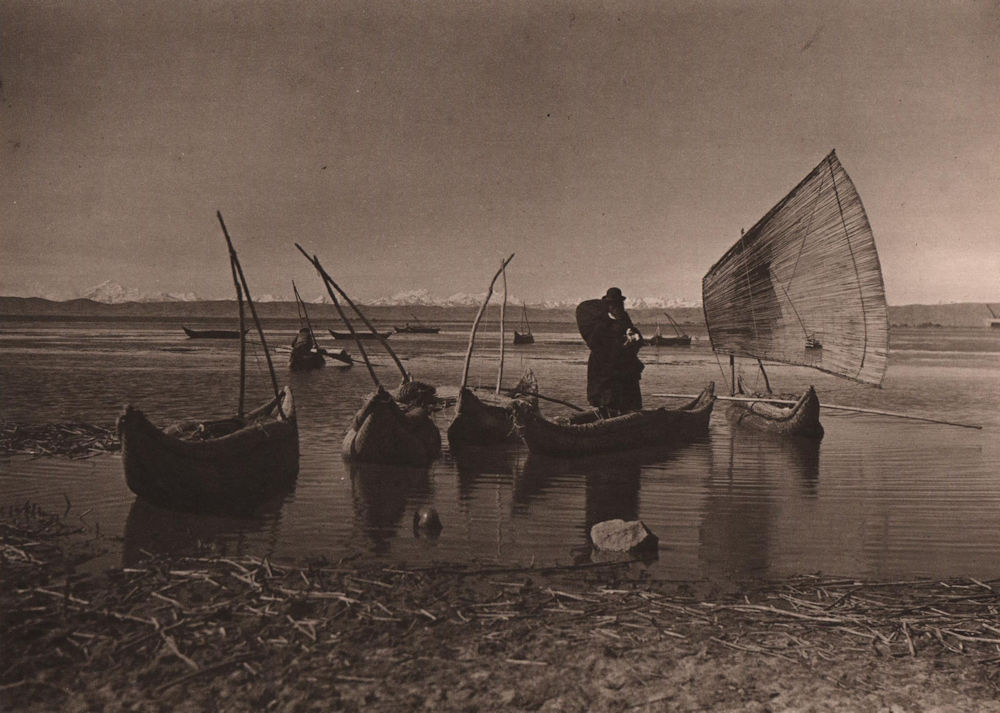 Balsas reed canoes. Aymara Indian at Guaqui on Lake Titicaca. Bolivia 1928