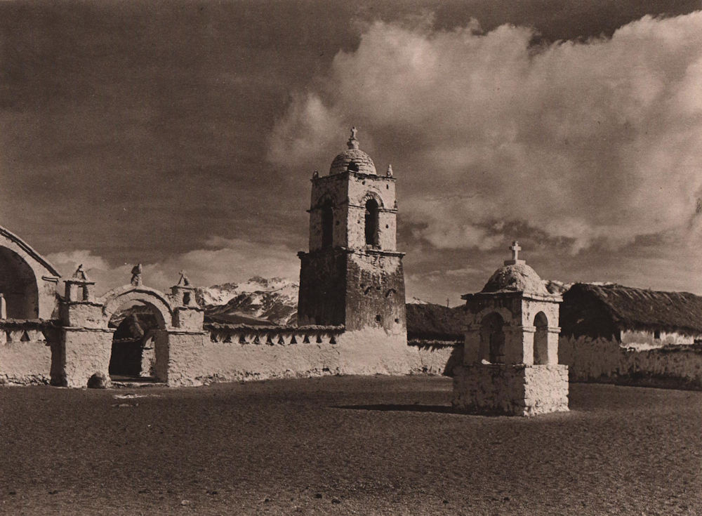 The central square and the church of the village of Sajama. Bolivia 1928 print