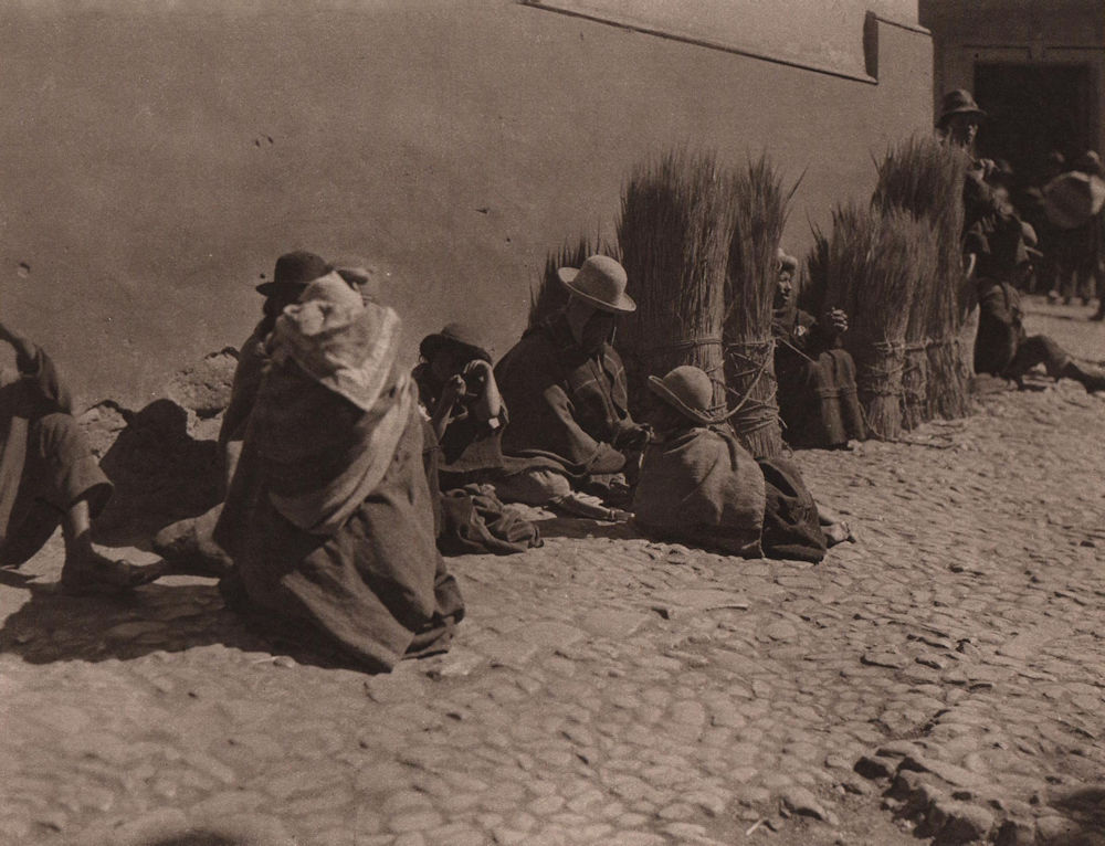 Indians selling barley in the streets of La Paz. Bolivia 1928 old print
