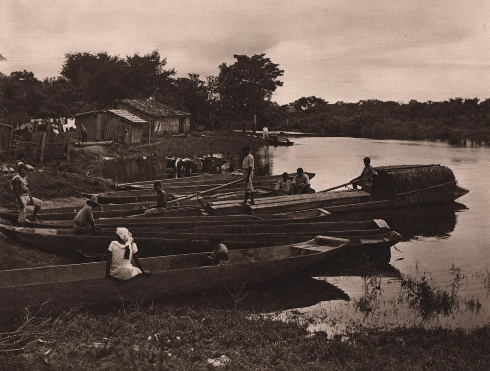 Trinidad. Indian canoes on the River San Juan. Bolivia 1928 old vintage print