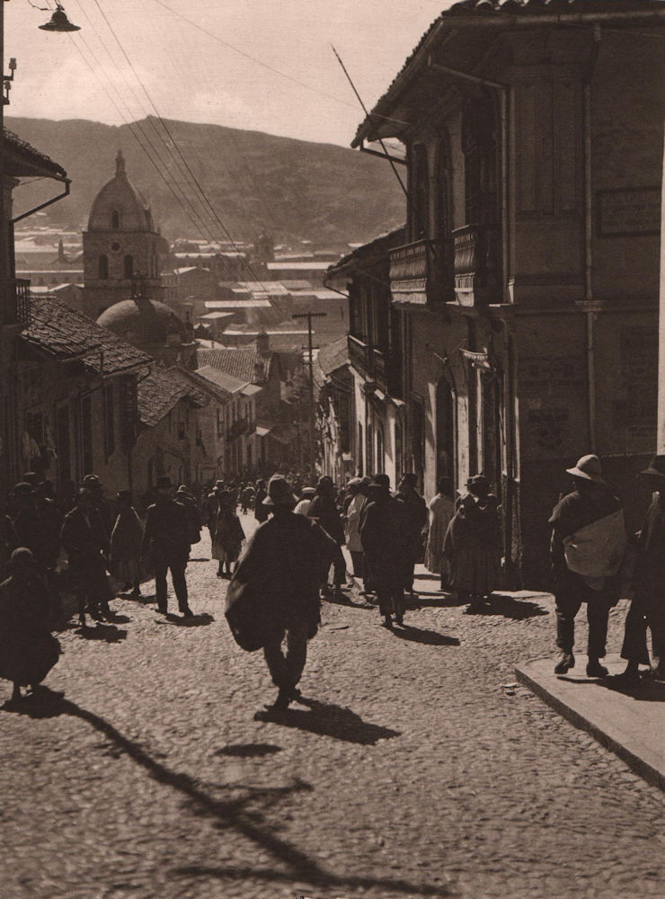 Calle Sagarnaga at La Paz. Tower of San Francisco. Bolivia 1928 old print