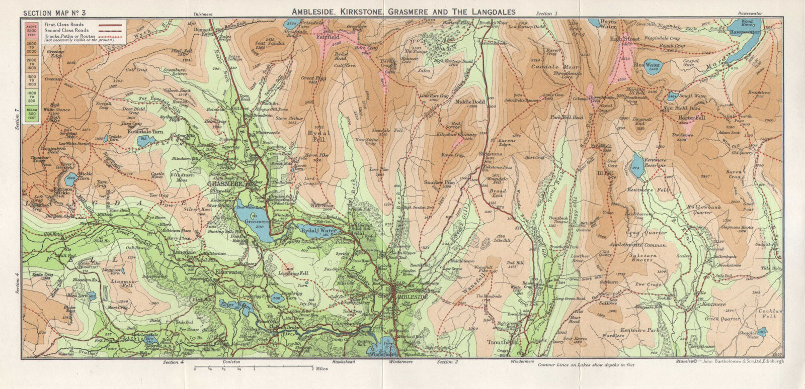 LAKE DISTRICT Ambleside Kirkstone Grasmere Langdales Rydal Fell Cumbria 1964 map