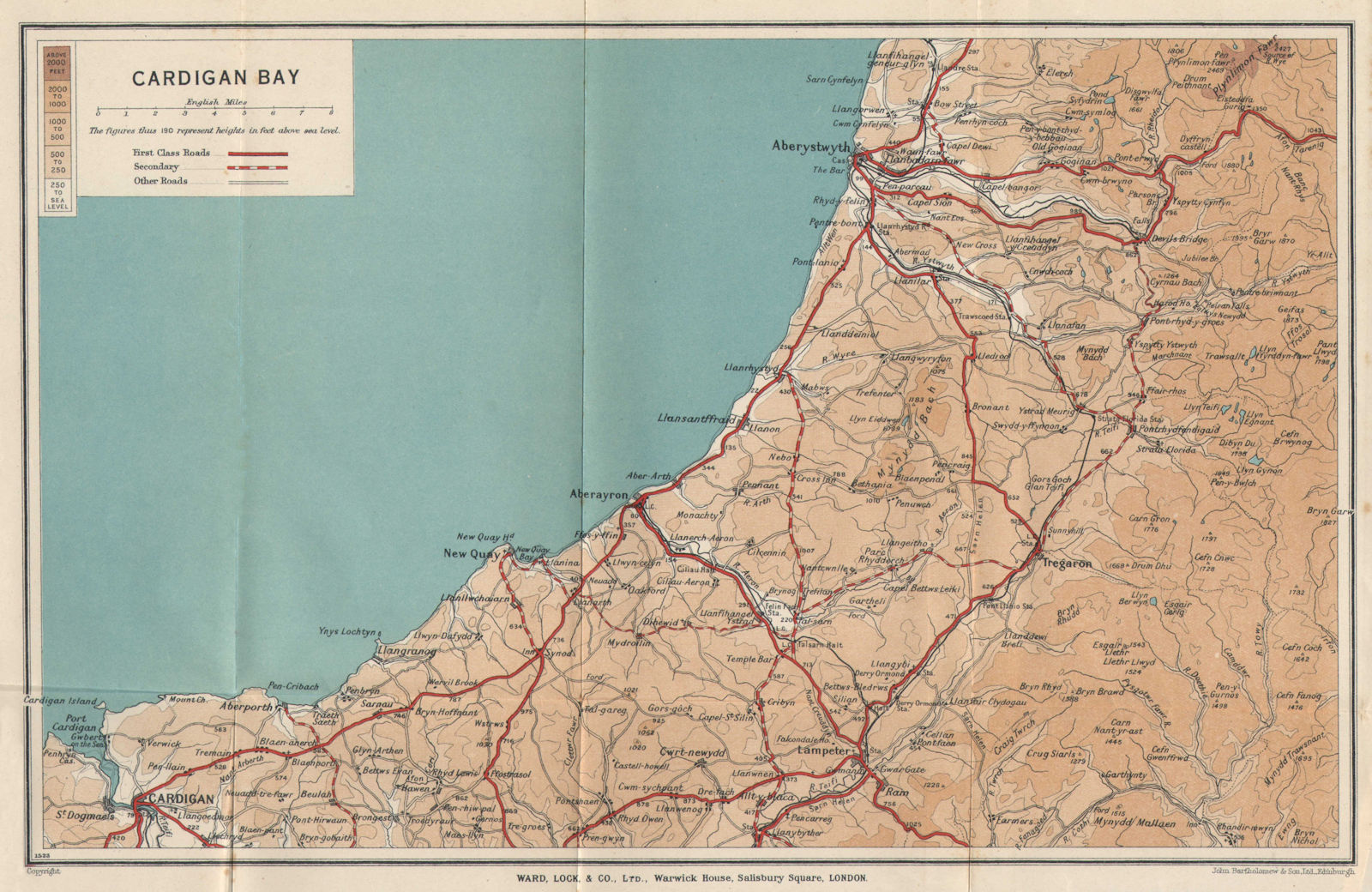 CARDIGAN BAY vintage tourist map. Aberystwyth Aberaeron Wales WARD LOCK 1938