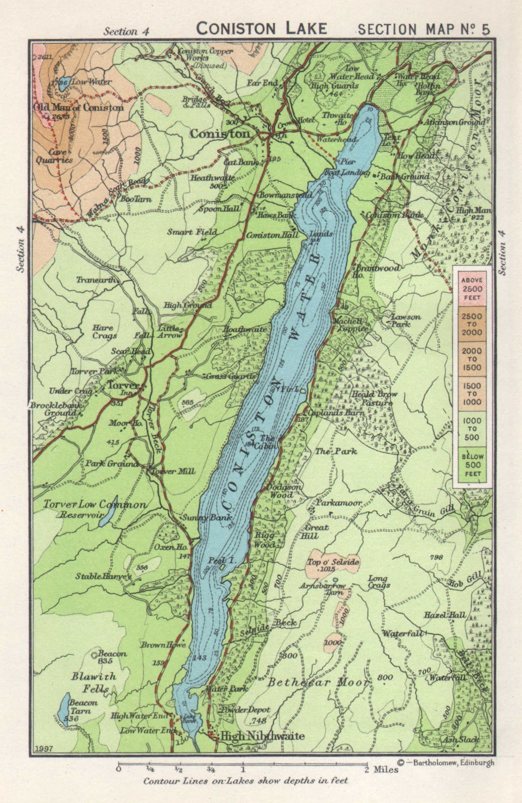 CONISTON WATER vintage tourist map. Lake District. Cumbria. WARD LOCK 1964